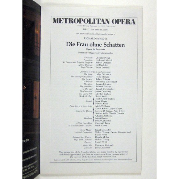 Opera Stagebill 1989 First Performance Die Frau Schatten Ruth Falcon Debut - Picture 5 of 10